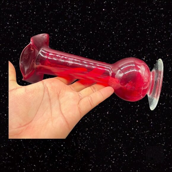 Art Glass Vase Crackle Bottom Ruby Red Ruffled Top Clear Bottom Glass 8”T 3.25”W - Picture 4 of 9